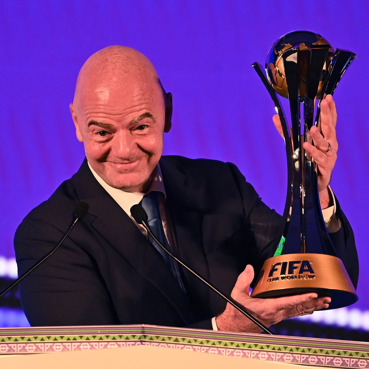 epa10841792 FIFA President Gianni Infantino speaks during the draw for the FIFA Club World Cup Saudi Arabia 2023, in Jeddah, Saudi Arabia, 05 September 2023. The 20th edition of the FIFA Club World Cu ...