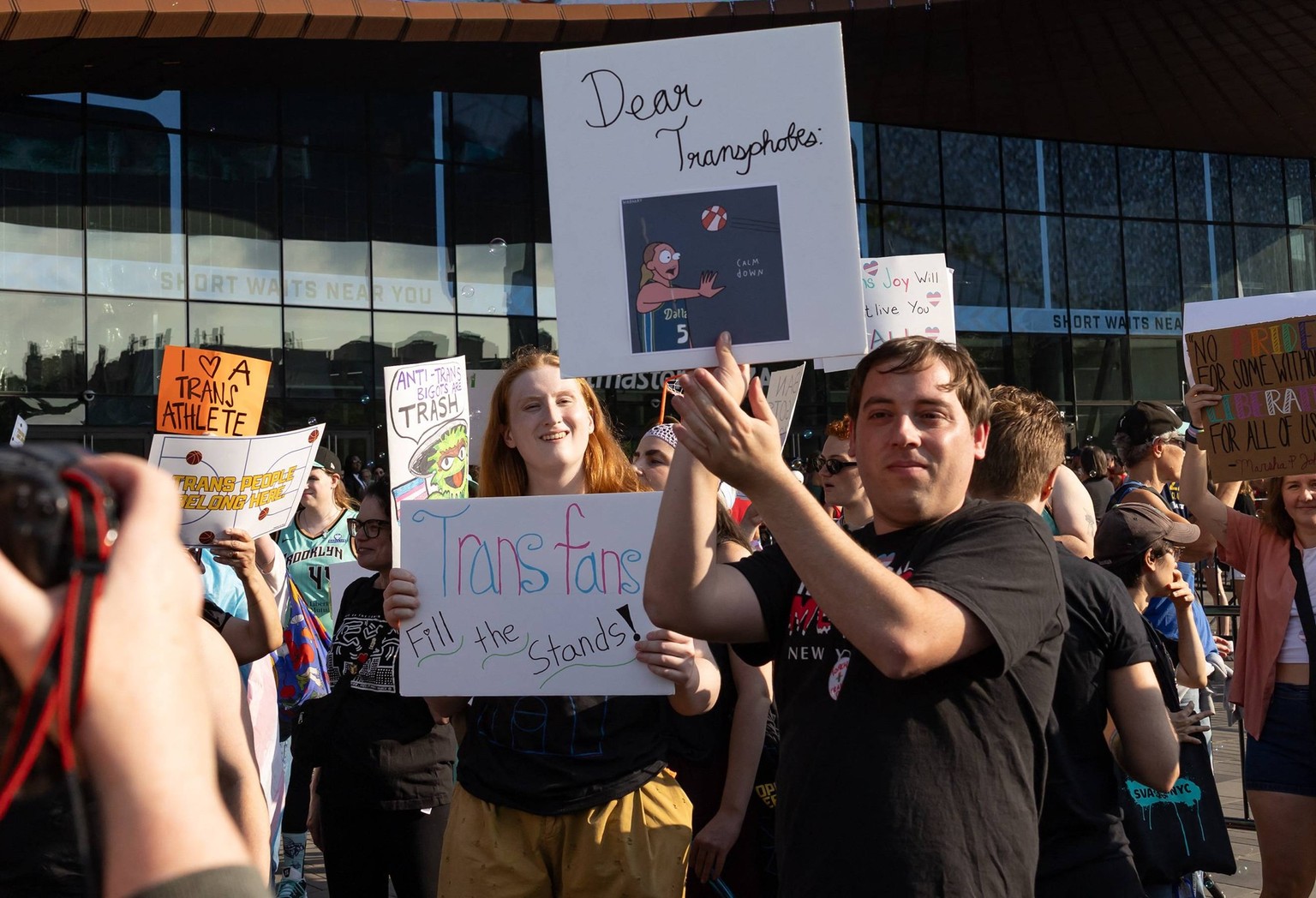 Protest Scenes outside Barclay Center for Indiana Fever vs NY Liberty WNBA Protest Scenes outside Barclay Center for Indiana Fever vs NY Liberty WNBA, Pro Trans Activists and Sophie Cunningham Support ...