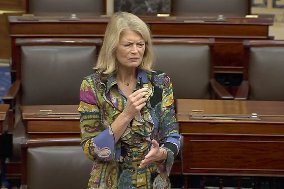 This image from U.S. Senate video, Sen. Lisa Murkowski, R-Alaska, speaks about the late Sen. Dianne Feinstein in the Senate chamber on Friday, Sept. 29, 2023, in Washington. In tributes to Feinstein a ...