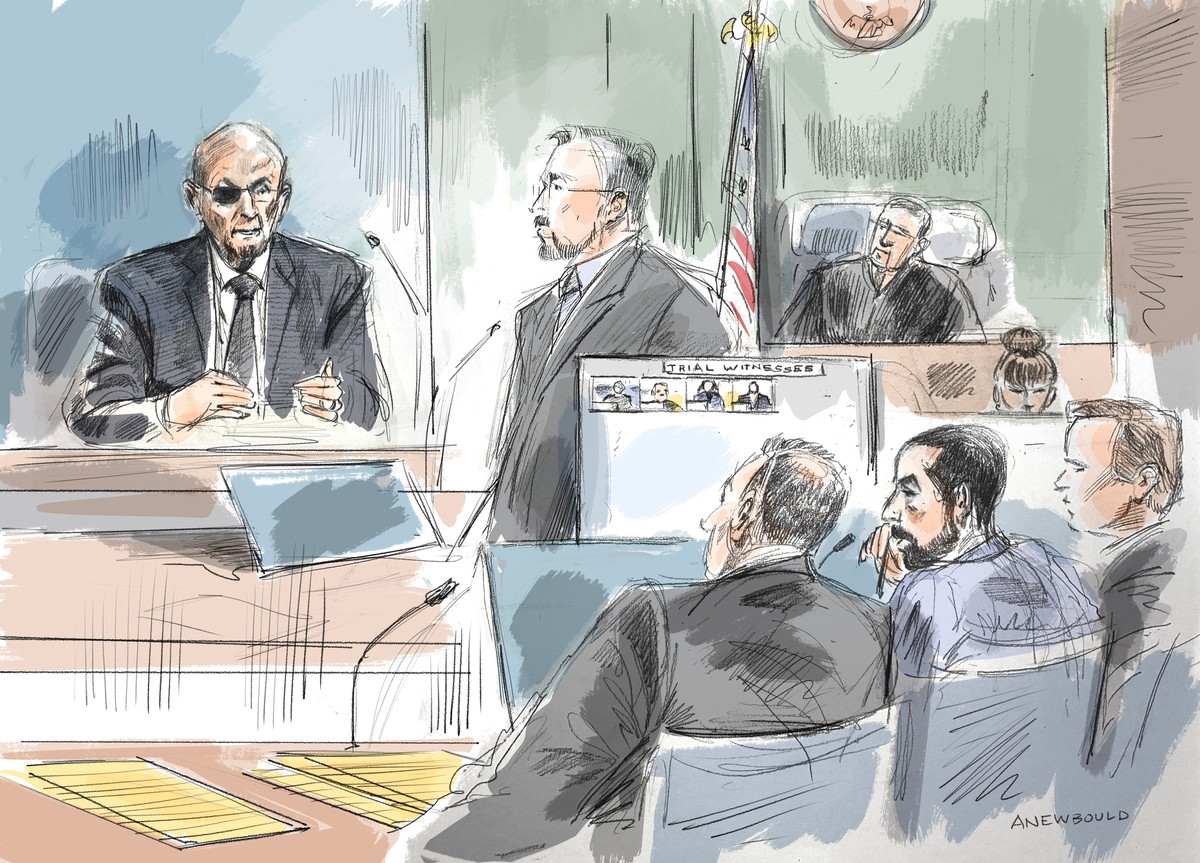 In this courtroom sketch, Salman Rushdie, left, testifies in federal court during the terrorism trial for Hadi Matar, Rushdie's alleged attacker, shown second from bottom left, Thursday, July 23, ...