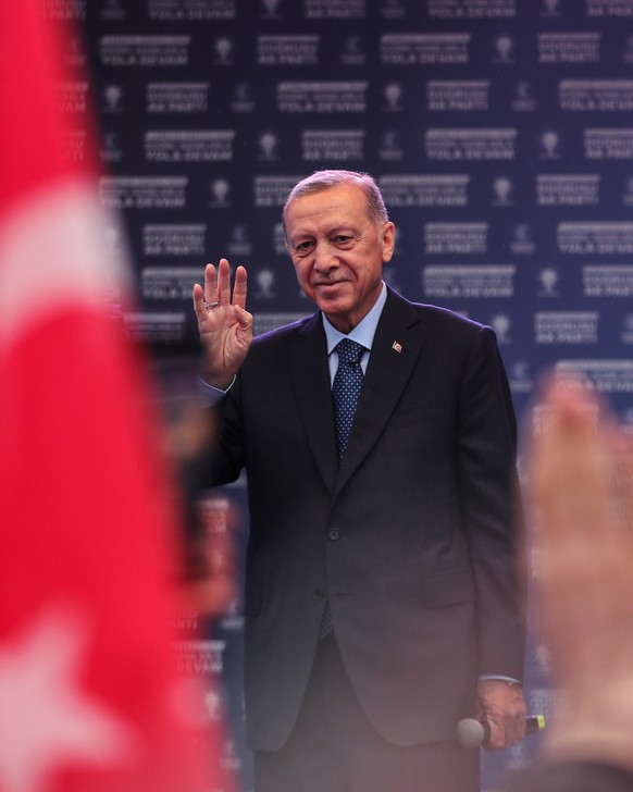 epa10622924 Turkish President Recep Tayyip Erdogan waves during his election campaign event in Istanbul, Turkey, 12 May 2023. Turkey will hold its general election on 14 May 2023 with a two-round syst ...