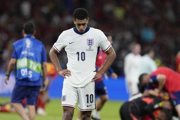 England&#039;s Jude Bellingham reacts at the end of the final match between Spain and England at the Euro 2024 soccer tournament in Berlin, Germany, Sunday, July 14, 2024. Spain won 2-1. (AP Photo/Fra ...