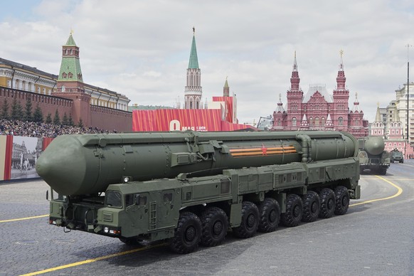 Russian RS-24 Yars ballistic missile launchers roll during the Victory Day military parade in Moscow, Russia, Friday, May 9, 2025, for celebrations of the 80th anniversary of the Soviet Union's v ...