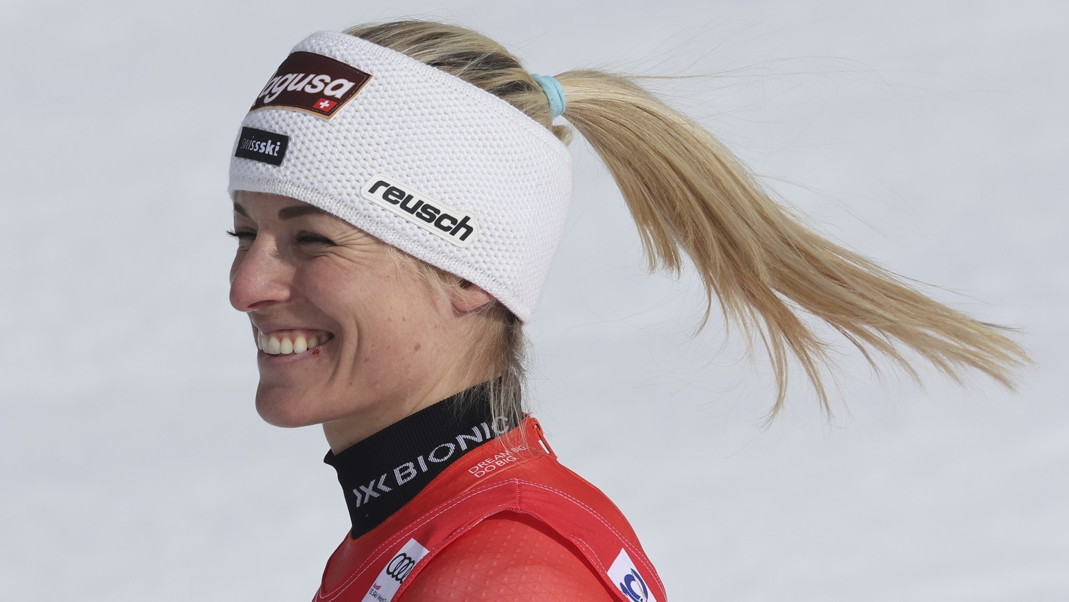 Switzerland&#039;s Lara Gut Behrami reacts after winning an alpine ski, women&#039;s World Cup giant slalom race, in Soldeu, Andorra, Saturday, Feb. 10, 2024. (AP Photo/Marco Trovati)