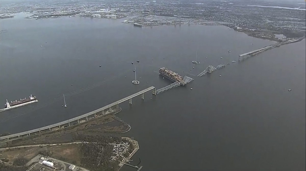 Parts of the Francis Scott Key Bridge remain after a container ship collided with one of the bridge?s support Tuesday, March 26, 2024 in Baltimore. The major bridge in Baltimore snapped and collapsed  ...