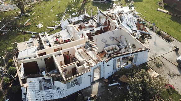 This Tuesday, May 28, 2019 aerial photo shows a home in northwest Celina, Ohio, that had its roof torn off by a tornado that was part of a storm system that passed through Monday night. (Ryan Snyder/D ...