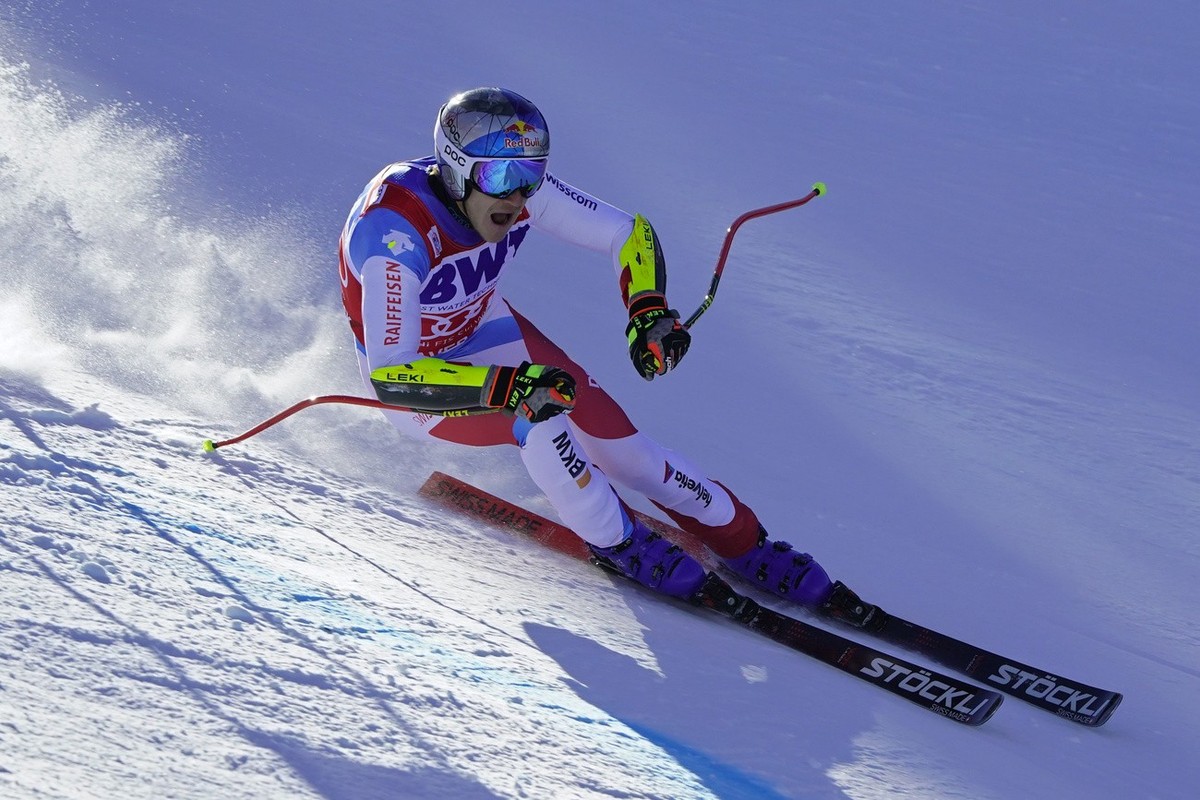 Switzerland's Marco Odermatt competes during a men's World Cup super-G skiing race Friday, Dec. 3, 2021, in Beaver Creek, Colo. (AP Photo/Robert F. Bukaty)