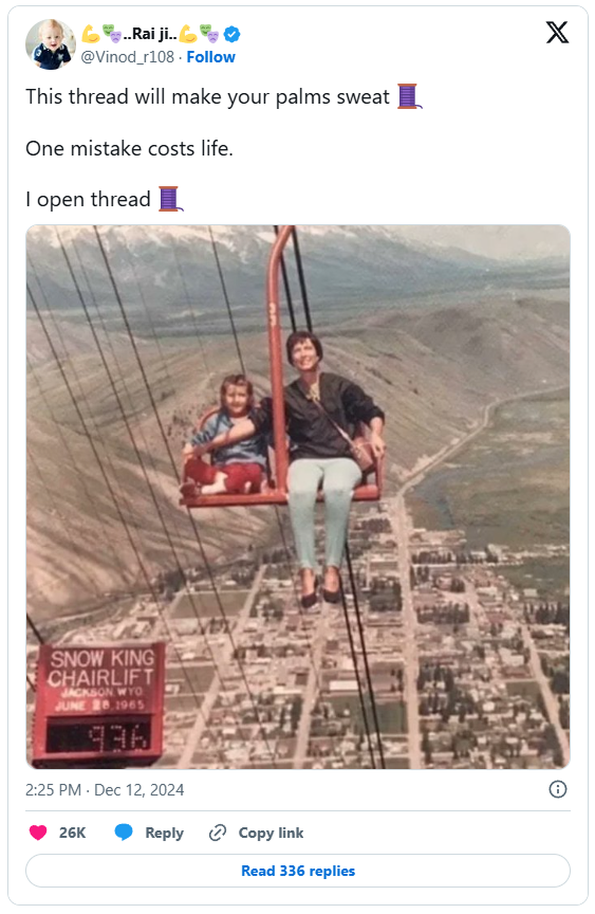 Ein Sessellift ohne Sicherheitsbügel in den 1960er-Jahren in Jackson, Wyoming.
