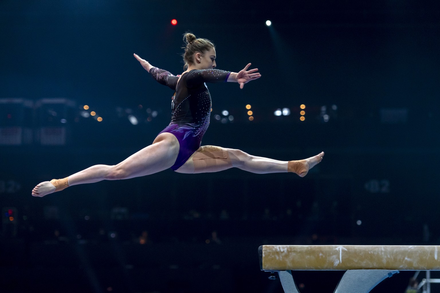 Switzerland&#039;s Giulia Steingruber performs on the balance beam during the women&#039;s qualification competition of the 2021 European Championships in Artistic Gymnastics in the St. Jakobshalle in ...