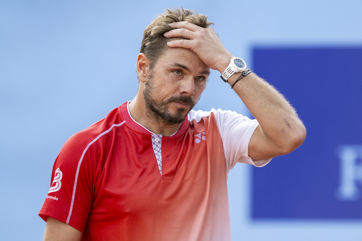 Stan Wawrinka of Switzerland reacts to Jaime Faria of Portugal at the Swiss Open tennis tournament in Gstaad, Switzerland, on Tuesday, July 14, 2026. (KEYSTONE/Peter Schneider)