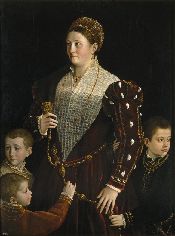 Porträt der Camilla Conzaga mit drei ihrer insgesamt sechs Söhne. Gemalt von Parmigianino um 1540, ist es im Prado in Madrid zu bestaunen.