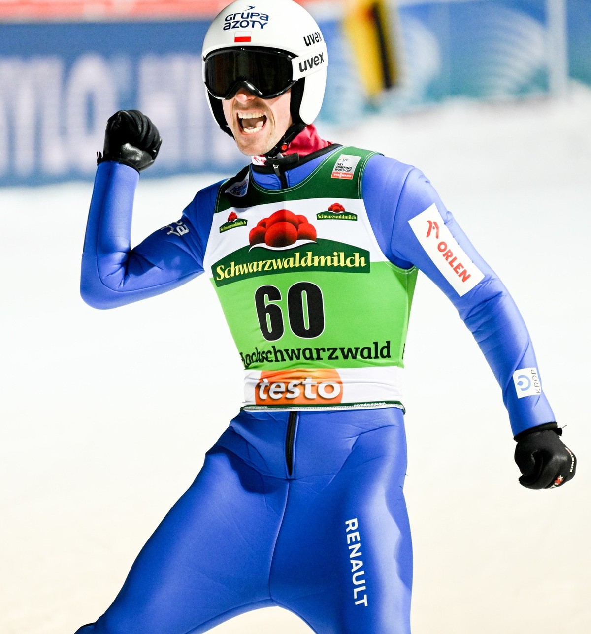 epa10361267 Piotr Zyla of Poland reacts during the Men's Large Hill Individual competition at the FIS Ski Jumping World Cup in Titisee-Neustadt, Germany, 11 December 2022.