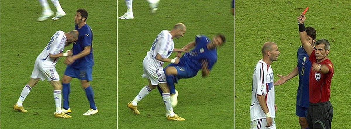 A picture combo of TV grabs shows the foul Zinedine Zidane of France to Italy's Marco Materazzi and the red card shown to Zidane by referee Horacio Elizondo of Argentina during the final of the 2 ...