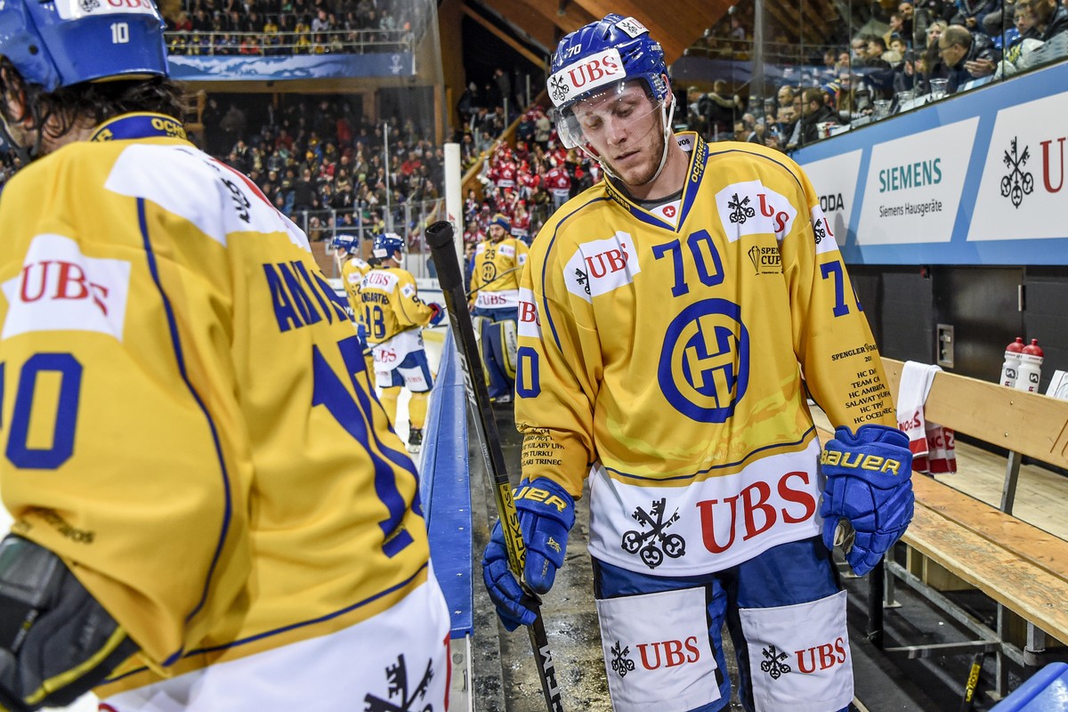 Davos' Enzo Corvi after the game between Team Canada and HC Davos, at the 93th Spengler Cup ice hockey tournament in Davos, Switzerland, Saturday, December 28, 2019. (KEYSTONE/Melanie Duchene)