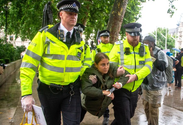 epa12247442 Police officers detain a protester who was holding a placard with a message supporting Palestine Action group, during the &#039;National March for Palestine&#039; in London, Britain, 19 Ju ...