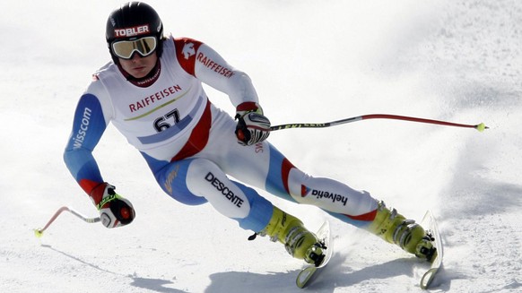 Der Schweizer Skirennfahrer Sepp Gerber waehrend der Trainingsabfahrt anlaesslich der Ski Alpin Schweizermeisterschaften auf dem Stoos, am Mittwoch, 17. Maerz 2010. (KEYSTONE/Urs Flueeler)