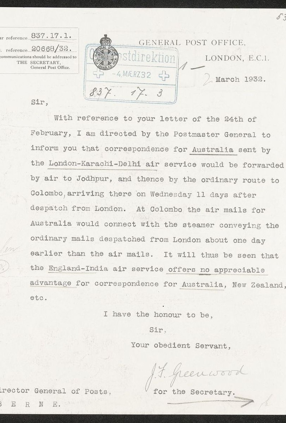 Quand l’avion n’est pas plus rapide que le bateau à vapeur. Information du General Post Office britannique sur les liaisons vers l’Australie en 1932.