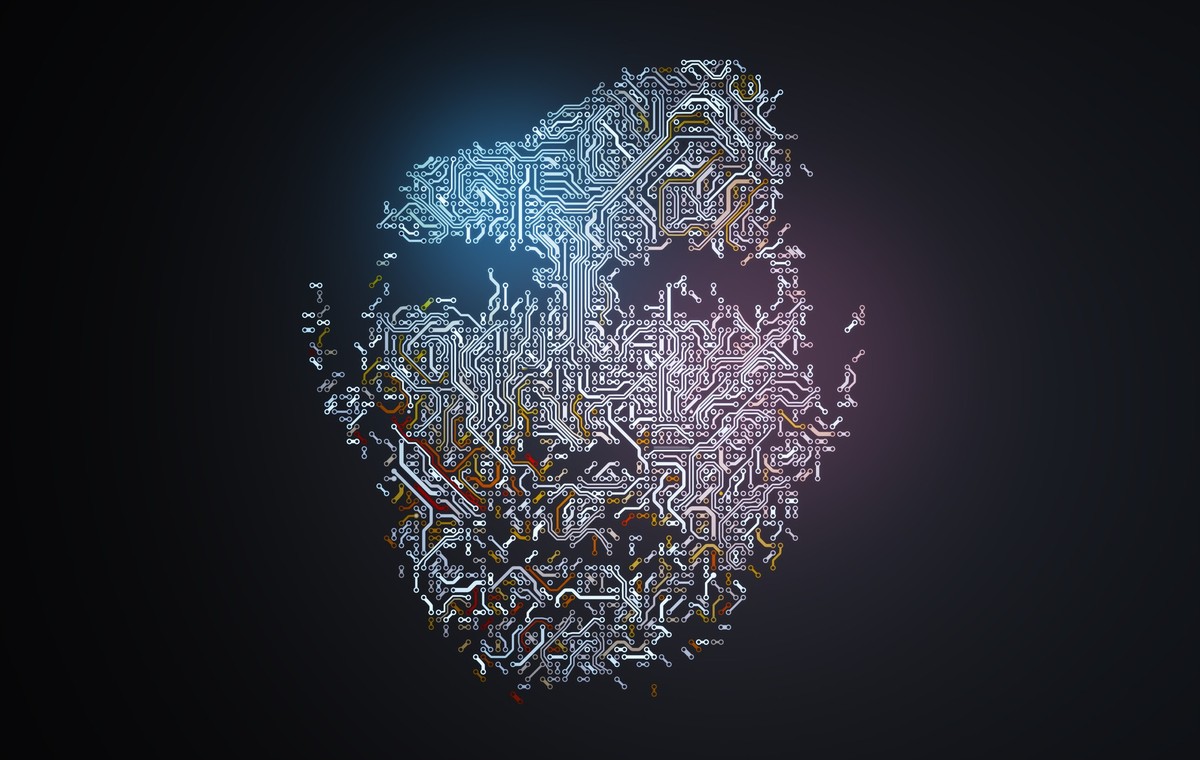 Electronic circuit in shape of a human face. Artificial intelligence concept. 3D rendered illustration., Electronic circuit in shape of a human face. Artificial intelligence concept. 3D rendered illus ...