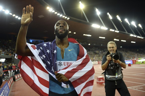 LaShawn Merritt from USA reacts after winning the men&#039;s 400m race during the IAAF Diamond League athletics meeting in the Letzigrund stadium in Zurich, Switzerland, Thursday, Sept.3, 2015. (Jean- ...