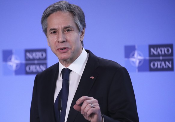 epa09090989 U.S. Secretary of State Antony Blinken speaks during a news conference at a NATO Foreign Ministers&#039; meeting at the Alliance&#039;s headquarters in Brussels, Belgium, 23 March 2021. Th ...