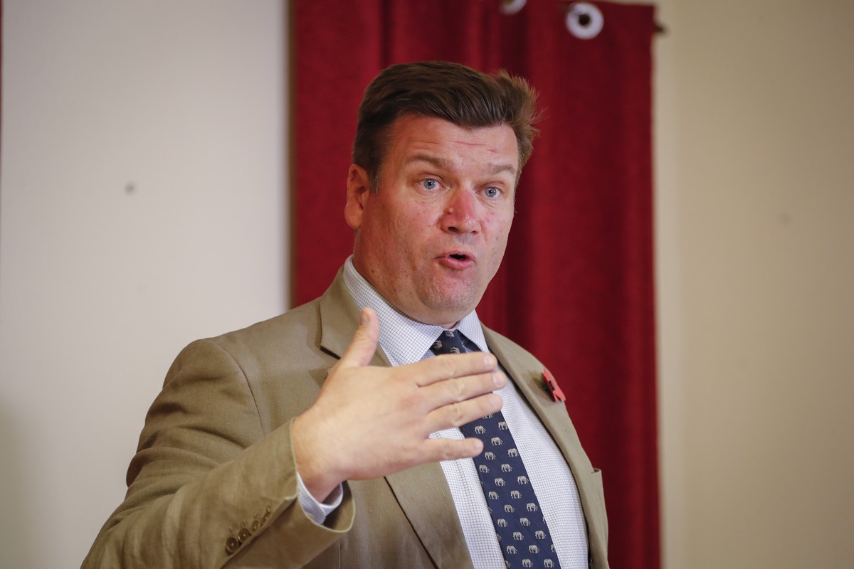 James Heappey, the UK's Minister for the Armed Forces, speaks to the media after meeting with British soldiers and local community representatives, at the British Army Training Unit Kenya (BATUK) ...