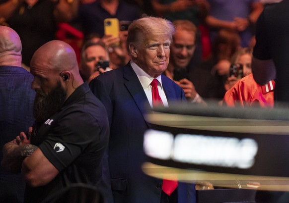 Former President Donald Trump attends UFC 287 at the Kaseya Center on Saturday, April 8, 2023 in downtown Miami.  (Matias J. Ocner/Miami Herald via AP)