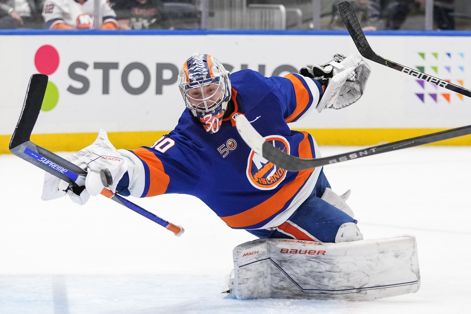 New York Islanders goaltender Ilya Sorokin (30) stops a shot on goal by Toronto Maple Leafs&#039; Erik Gustafsson (56) during the first period of an NHL hockey game Tuesday, March 21, 2023, in Elmont, ...