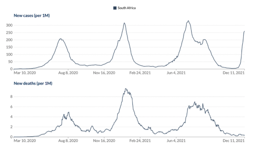 Infektionen und Todesfälle in Südafrika seit Beginn der Pandemie. Achtung: Y-Achsen sind unterschiedlich.