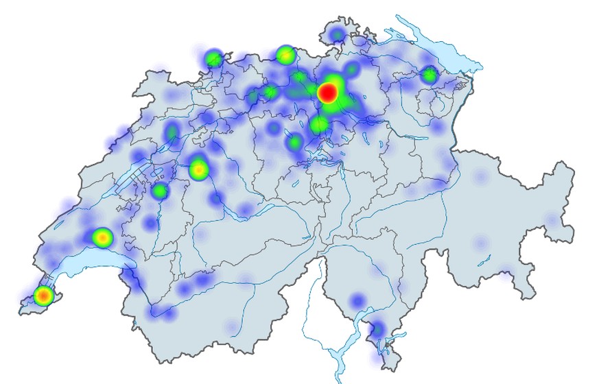 Die Grafik zeigt, dass&nbsp;der E-Banking-Trojaner GOZI&nbsp;bei einer früheren Angriffswelle 1500 Computer infizierte – an einem Tag. Am meisten Betroffene gab es in Zürich und Genf.