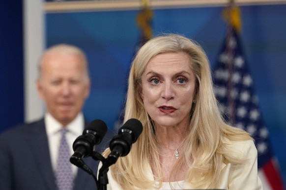 Lael Brainard, right, President Joe Biden's nominee to be Vice Chair of the Federal Reserve, speaks during an event in the South Court Auditorium on the White House complex in Washington, Monday, Nov. ...