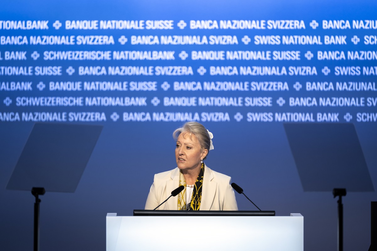 Swiss National Bank's (SNB) President of the Bank Council Barbara Janom Steiner, speaks during the 116. Ordinary General Assembly of Swiss National Bank (SNB), at Bern, Switzerland, Friday, April ...