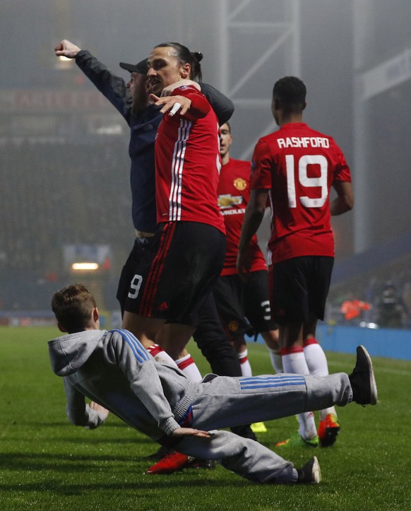 Britain Football Soccer - Blackburn Rovers v Manchester United - FA Cup Fifth Round - Ewood Park - 19/2/17 Manchester United&#039;s Zlatan Ibrahimovic celebrates scoring their second goal with team ma ...