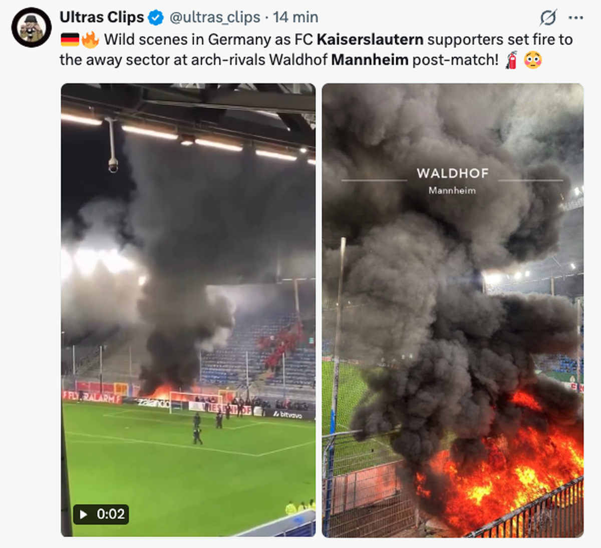 L'incendie provoqué par les fans de Kaiserslautern.