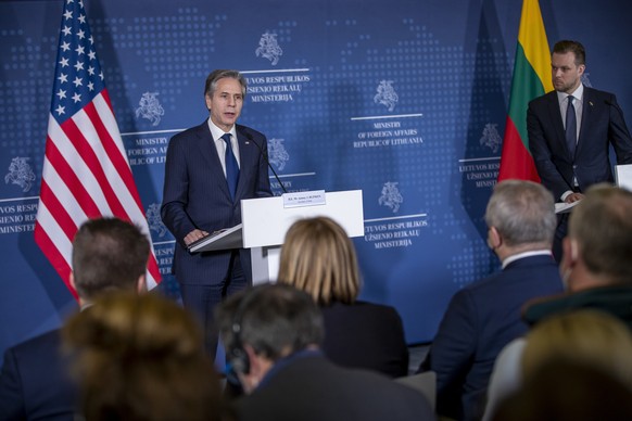 U.S. Secretary of State Antony Blinken, left, speaks during a joint media conference with Lithuania's Foreign Minister Gabrielius Landsbergis at the Ministry of Foreign Affairs in Vilnius, Lithuania, Monday, March 7, 2022. U.S. Secretary of State Antony Blinken has begun a lightning visit to the three Baltic states that are increasingly on edge as they watch Russia press ahead with its invasion of Ukraine. (AP Photo/Mindaugas Kulbis)