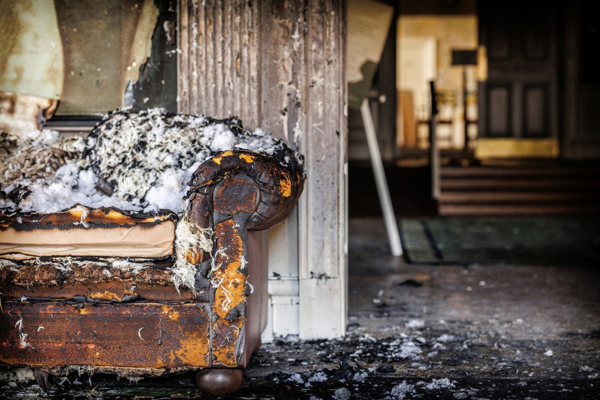 A view of the damage inside the Governor's Residence on the day Pennsylvania Governor Josh Shapiro and the Pennsylvania State Police provide an update on the act of arson that took place at the r ...
