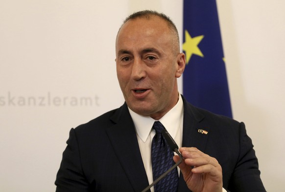 Kosovo Prime Minister Ramush Haradinaj addresses the media during a press conference at the federal chancellery in Vienna, Austria, Monday, Nov. 19, 2018. (AP Photo/Ronald Zak)