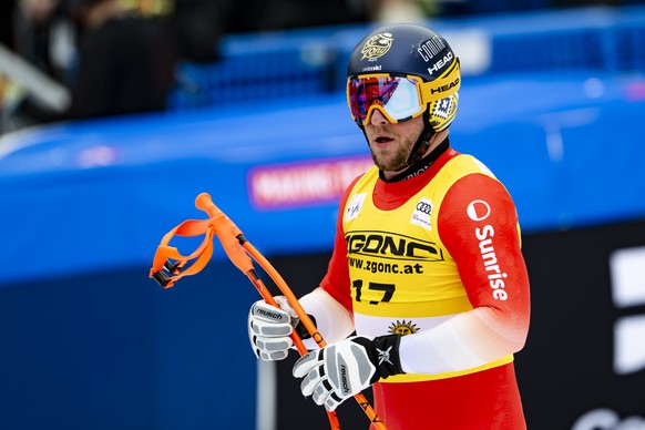 Justin Murisier of Switzerland reacts in the finish area during the men&#039;s Super-G race at the FIS Alpine Ski World Cup Finals, in Sun Valley Resort, Idaho, United States, Sunday, March 23, 2025.  ...