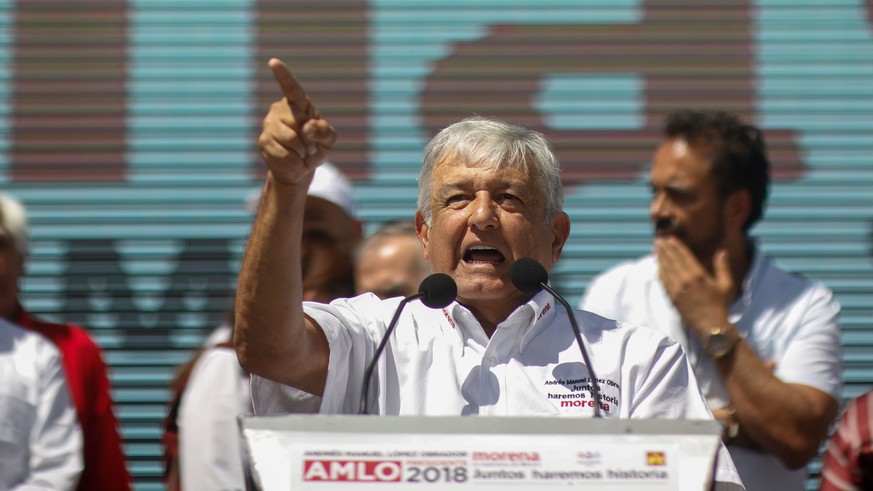 epa06641183 Mexican presidential candidate, Andres Manuel Lopez Obrador, speaks during the launch of his campaign in Ciudad Juarez, Mexico, 01 April 2018. Mexico will hold presidential elections on 01 ...