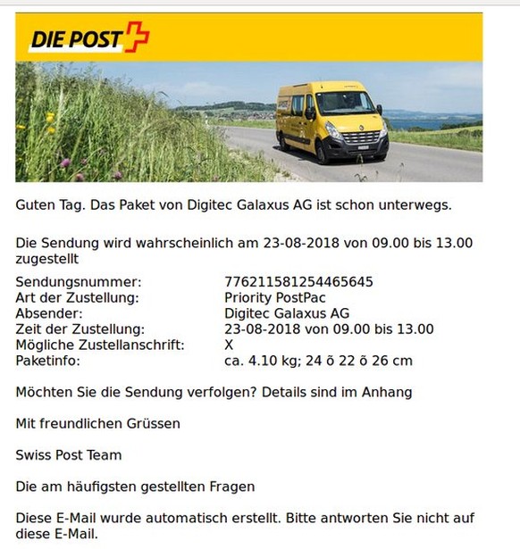 Die E-Mail gibt vor, dass ein Paket von Digitec Galaxus unterwegs sei. Weitere Informationen finde man im Mail-Anhang.