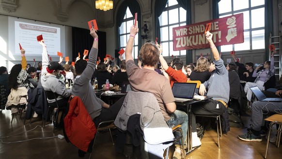 JUSO-Mitglieder halten die Stimmkarte waehrend einer Abstimmung in die Hoehe, waehrend der Jahresversammlung der JUSO, am Samstag, 18. Februar 2023, in Bern. (KEYSTONE/Peter Klaunzer)