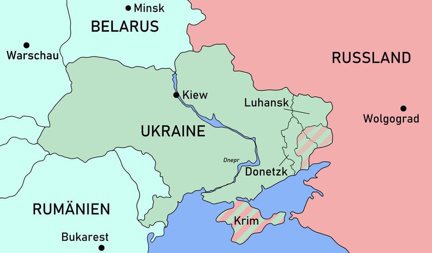 Gestreift: von Russland besetzte (Krim) oder von Rebellen kontrollierte Gebiete (Teile von Luhansk und Donezk im Donbass) der Ukraine.
