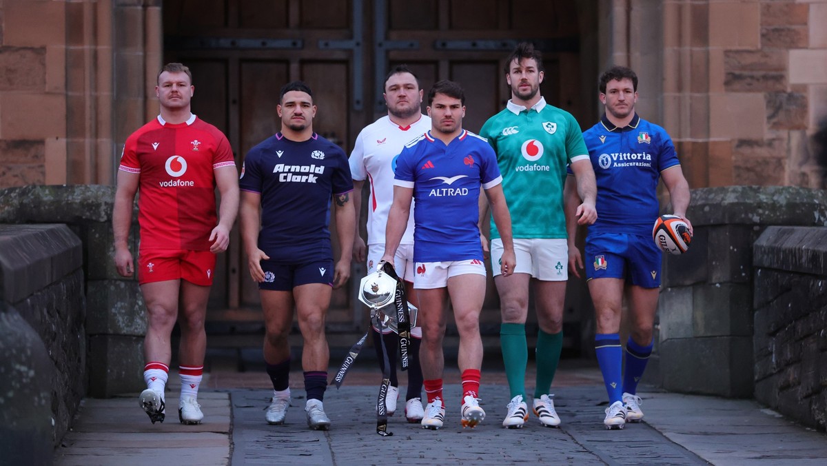 Team captains Wales' Dewi Lake, Scotland's Sione Tuipulotu, England's Jamie George, France's Antoine Dupont, Ireland's Caelan Doris and Italy's Michele Lamaro (left to ri ...