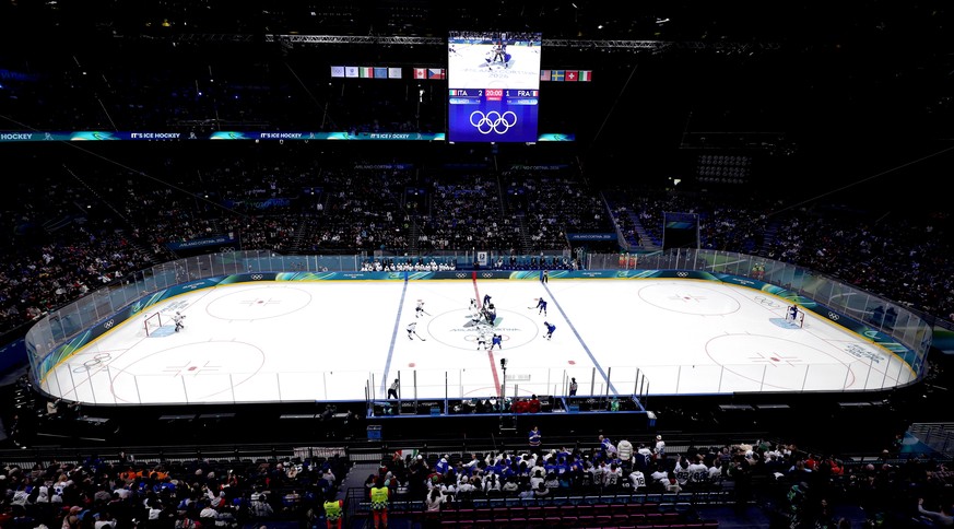 epa12707188 General view taken inside Santagiulia Hockey Arena during the Women's Ice Hockey preliminary round match between Italy and France at the Milano Cortina 2026 Winter Olympic Games, in M ...