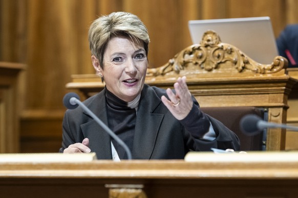 Bundespraesidentin Karin Keller-Sutter spricht zur Kleinen Kammer, an der Fruehjahrssession der Eidgenoessischen Raete, am Montag, 10. Maerz 2025 im Staenderat in Bern. (KEYSTONE/Alessandro della Vall ...
