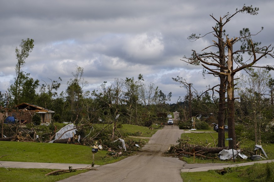 epa08361000 Damage caused by two powerful tornadoes that swept through the area last night in Soso, Mississippi USA on 13 April 2020. At least seven have been confirmed killed by the tornados that swe ...