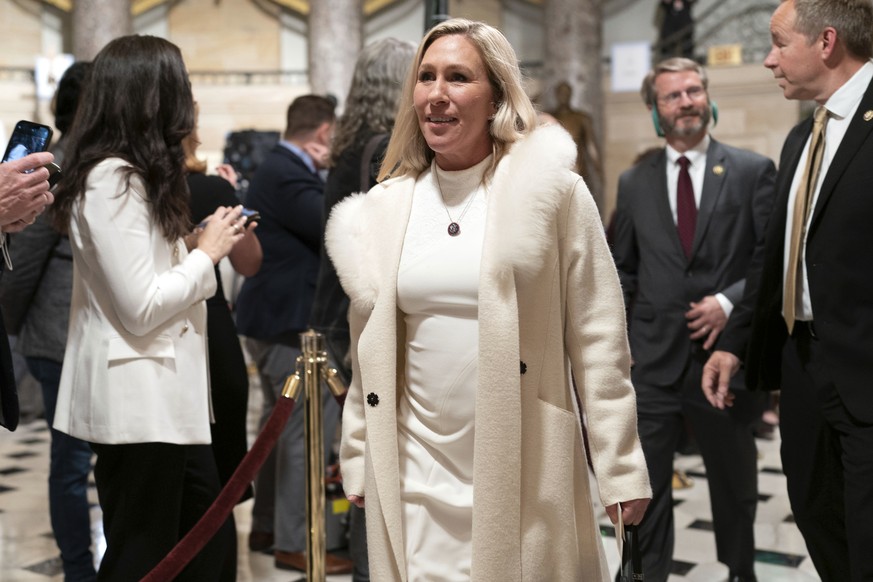 Rep. Marjorie Taylor Greene, R-Ga., arrives for President Joe Biden&#039;s State of the Union address to a joint session of Congress at the Capitol, Tuesday, Feb. 7, 2023, in Washington. (AP Photo/Jos ...