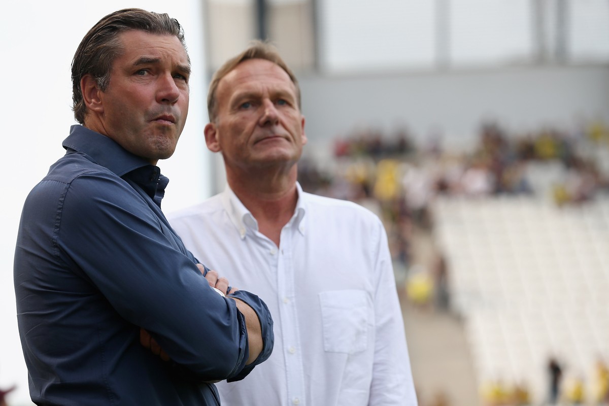 ESSEN, GERMANY - JULY 27: (L-R) Manager Michel Zorc and chairman Hans-Joachim Watzke of Dortmund are senn prior to the friendly match between Rot Weiss Essen and Borussia Dortmund at Stadion Essen on  ...