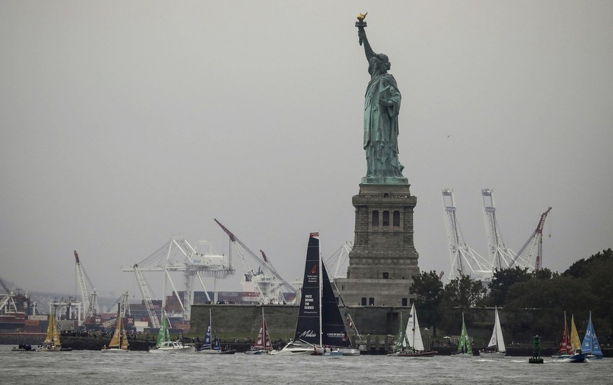 Greta Thunberg, a 16-year-old Swedish climate activist, sails into New York harbor aboard the Malizia II, Wednesday, Aug. 28, 2019. The zero-emissions yacht left Plymouth, England on Aug. 14. She is s ...