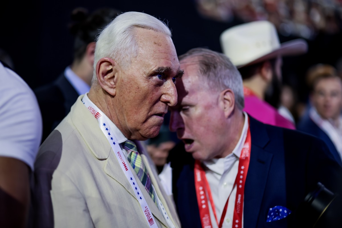 epa11484584 Conservative consultant Roger Stone (L) attends the third day of the Republican National Convention (RNC) at Fiserv Forum in Milwaukee, Wisconsin, USA, 17 July 2024. The convention comes d ...