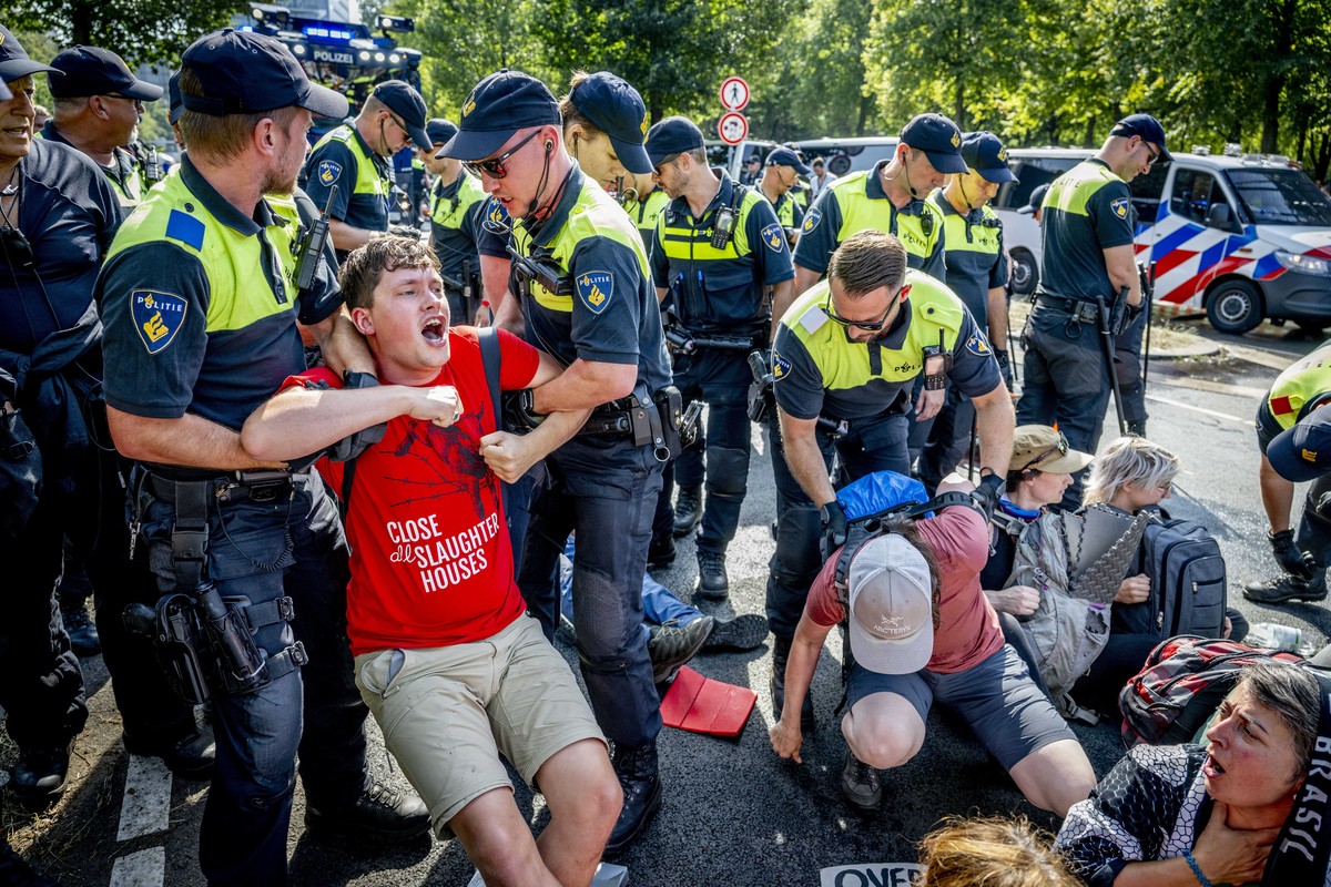 epa10852983 The police are taking action against climate activists from the 'Extinction Rebellion' group blocking the Utrechtsebaan on the A12 route for a second consecutive day, in The Hagu ...
